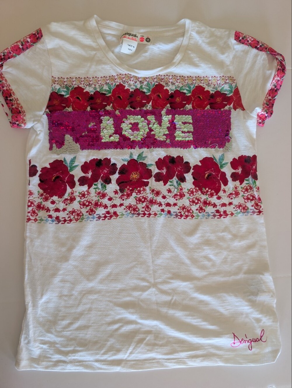 NWOT Desigual Girls Floral LOVE Reversible Sequin White T-Shirt Top Size 11/12 L